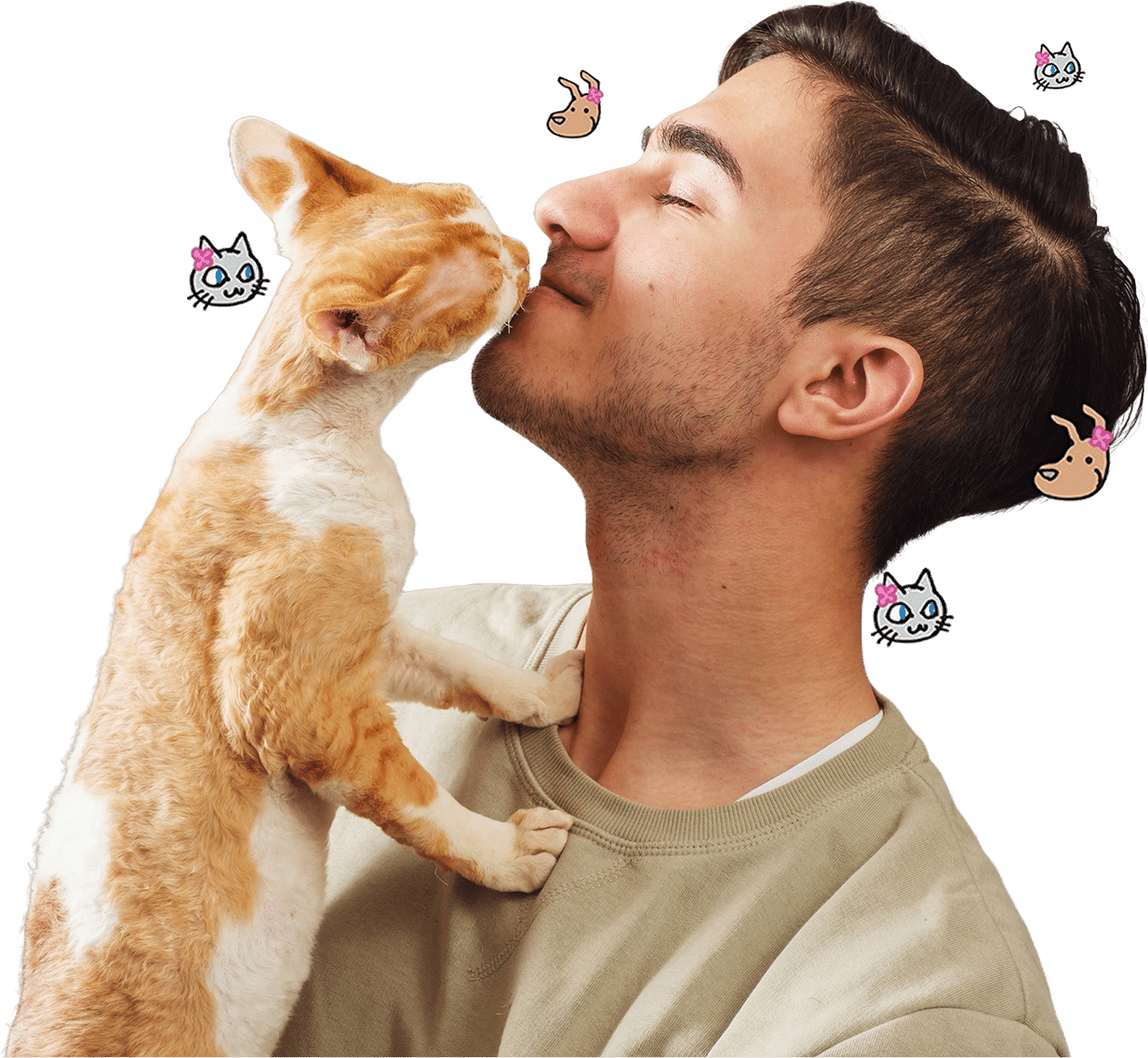 A man smiles as a cat touches its nose to his. Cartoon drawings of cats and dogs with bows surround them on a green background.