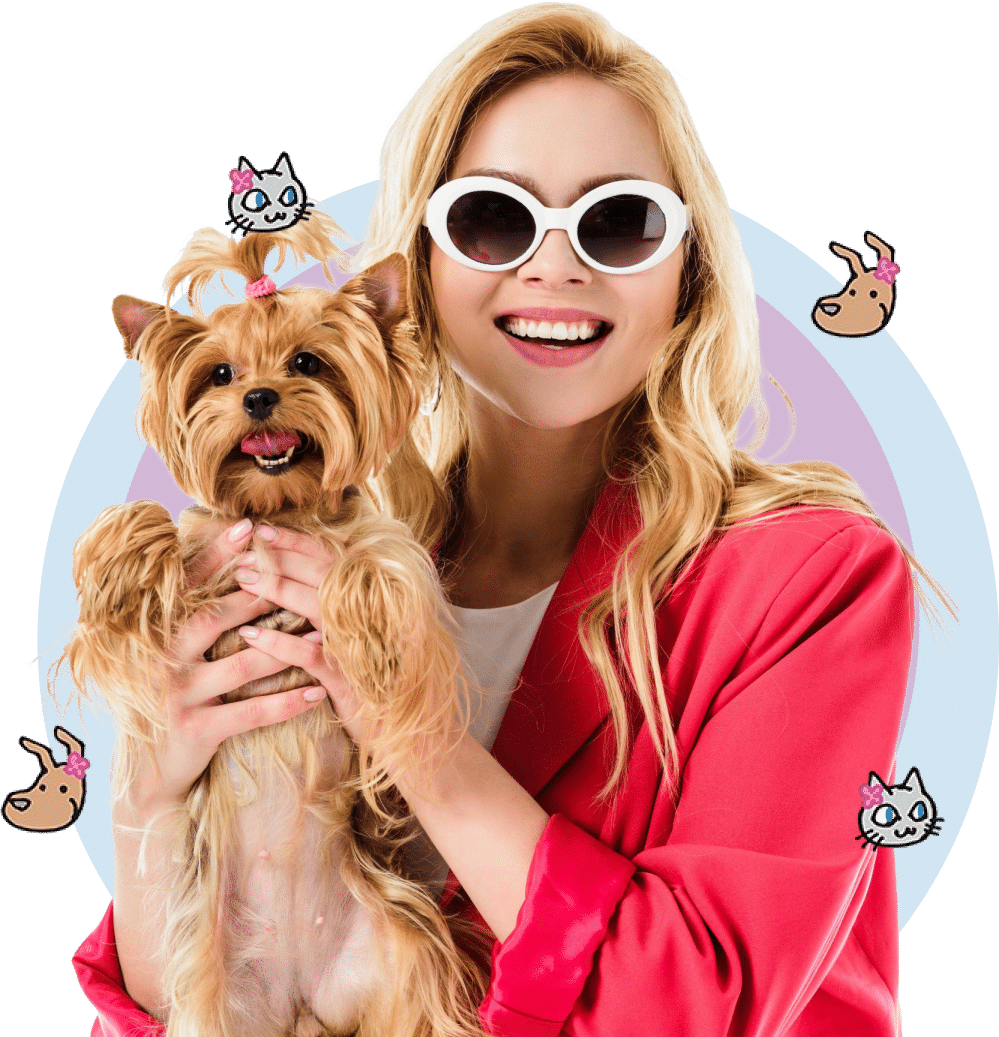Smiling woman in a pink blazer and white sunglasses holding a small dog, with illustrated cats and dogs around them on a blue and purple background.
